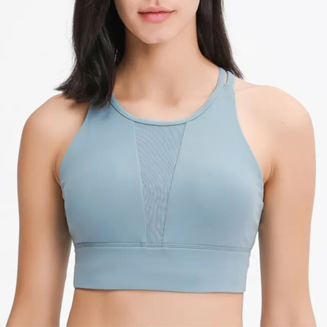 Rayna Sports Bra: Innovation, Style, and Performance Combined. Double Brushed Fabric with Mesh Panel for Maximum Breathability. Crafted from Breathable Nylon/Spandex Blend for Unbeatable Comfort and Flexibility. Stay Stylish, Stay Supported.