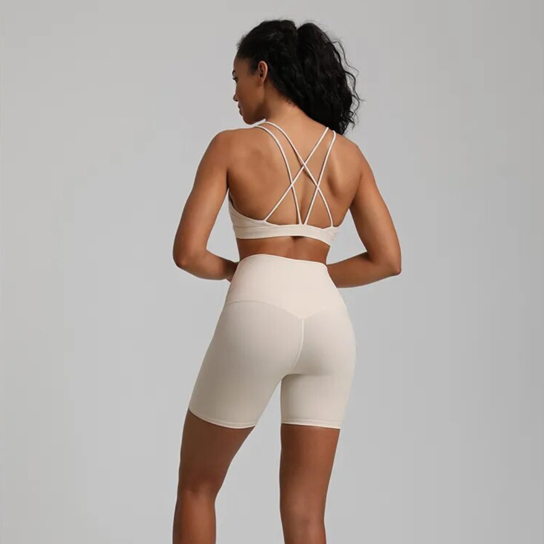 Celestia Set - Unmatched freedom of movement with high-waisted seamless shorts and supportive sports bra. Experience the magic of buttery-soft fabric that feels like a second skin, designed for ultimate comfort and style during your workout.