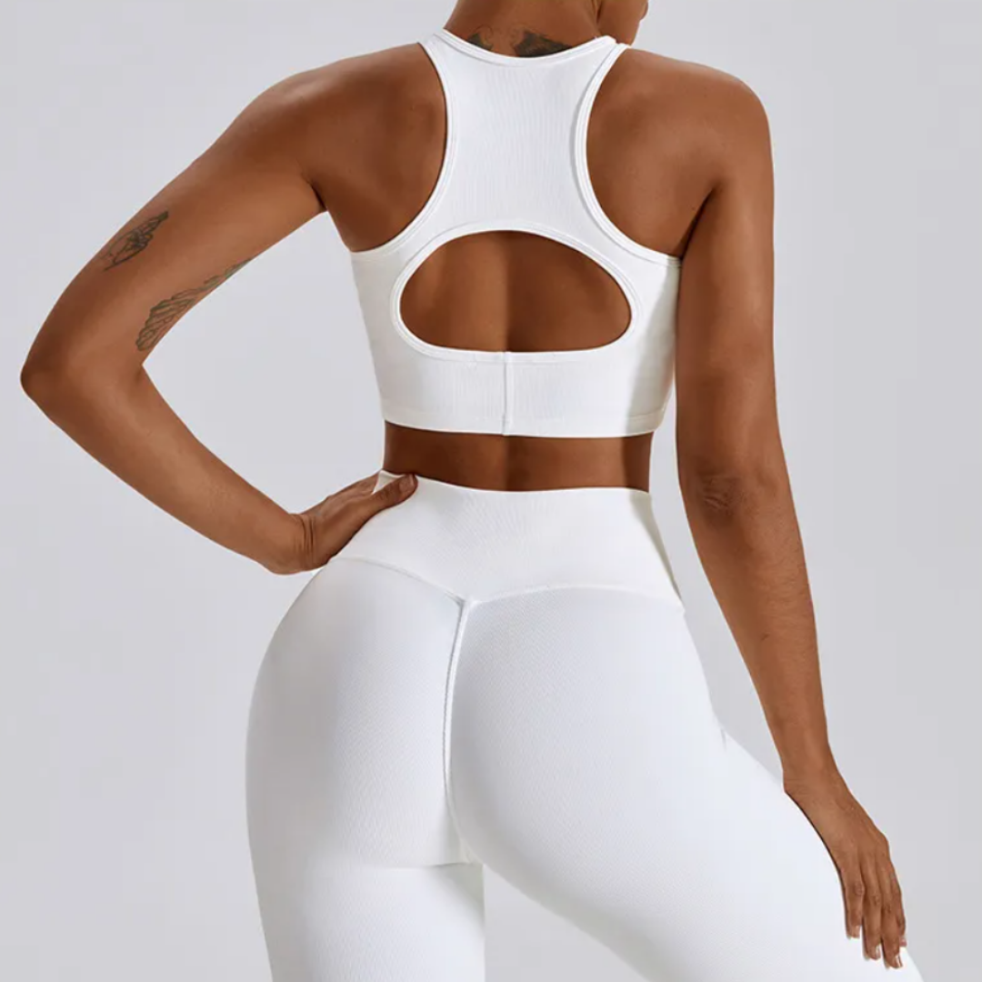 The Camila Set - Elevate your fitness fashion with premium nylon construction, removable pads, high waisted leggings, and a fashionable cross over V-waist for style and comfort.