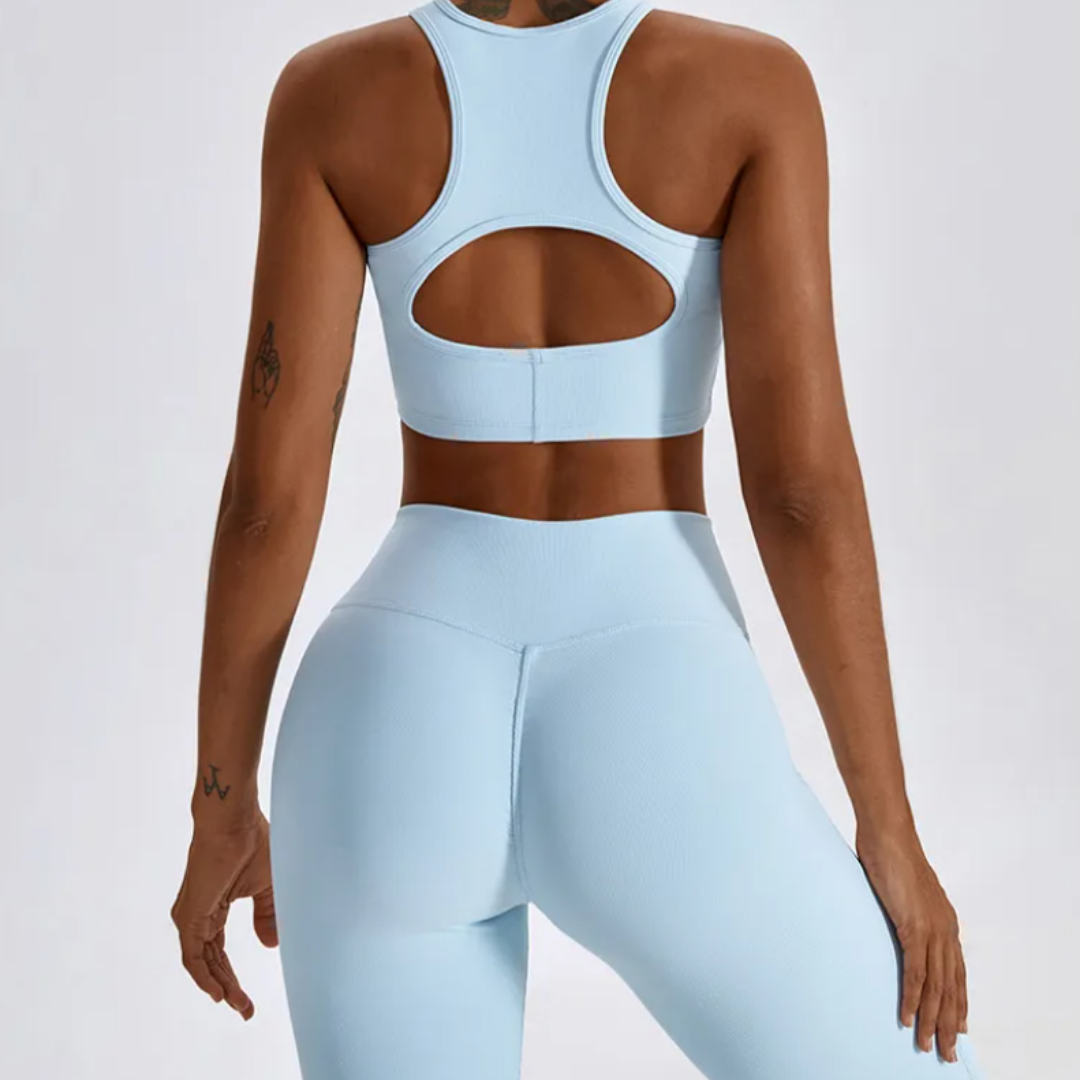 The Camila Set - Elevate your fitness fashion with premium nylon construction, removable pads, high waisted leggings, and a fashionable cross over V-waist for style and comfort.