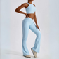 The Camila Set - Elevate your fitness fashion with premium nylon construction, removable pads, high waisted leggings, and a fashionable cross over V-waist for style and comfort.