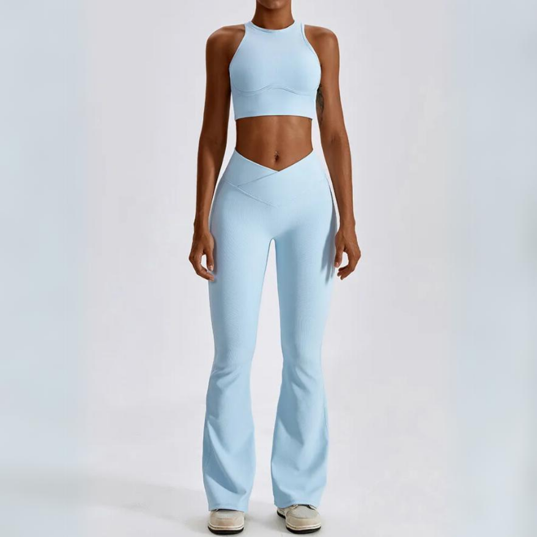 The Camila Set - Elevate your fitness fashion with premium nylon construction, removable pads, high waisted leggings, and a fashionable cross over V-waist for style and comfort.