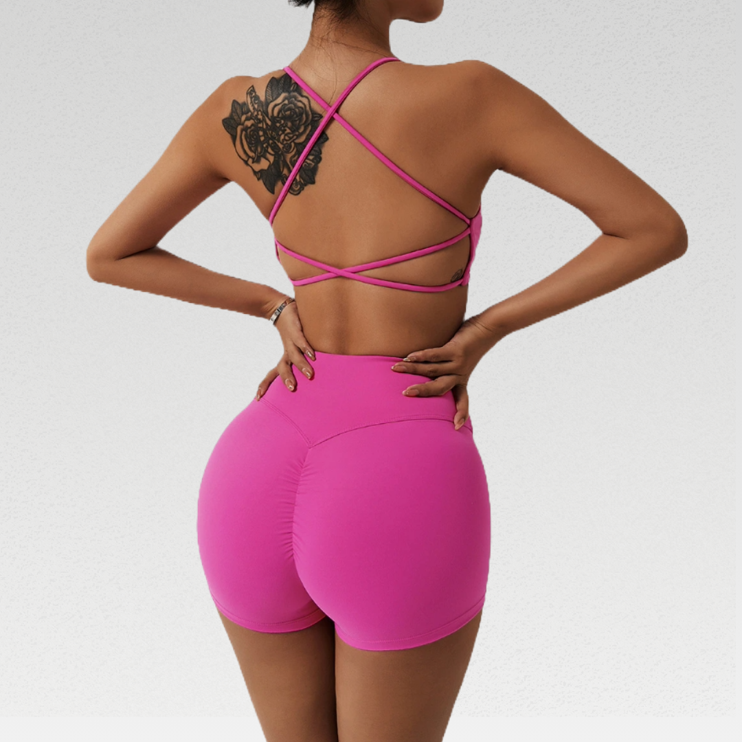 Cali Set - Elevate your workout with high-waisted shorts and cross back sports bra. Quick-dry, breathable, and stylish for a comfortable and fashionable gym session.