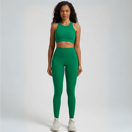 Seamless high waisted leggings and breathable sports bra set - The Maeve Set. Elevate your activewear with comfort, style, and quick-dry technology.