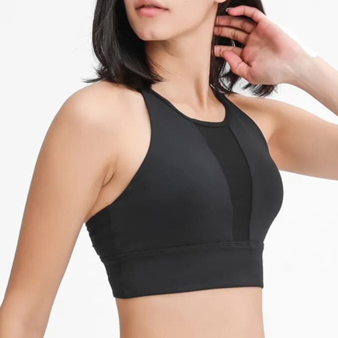 Rayna Sports Bra: Innovation, Style, and Performance Combined. Double Brushed Fabric with Mesh Panel for Maximum Breathability. Crafted from Breathable Nylon/Spandex Blend for Unbeatable Comfort and Flexibility. Stay Stylish, Stay Supported.