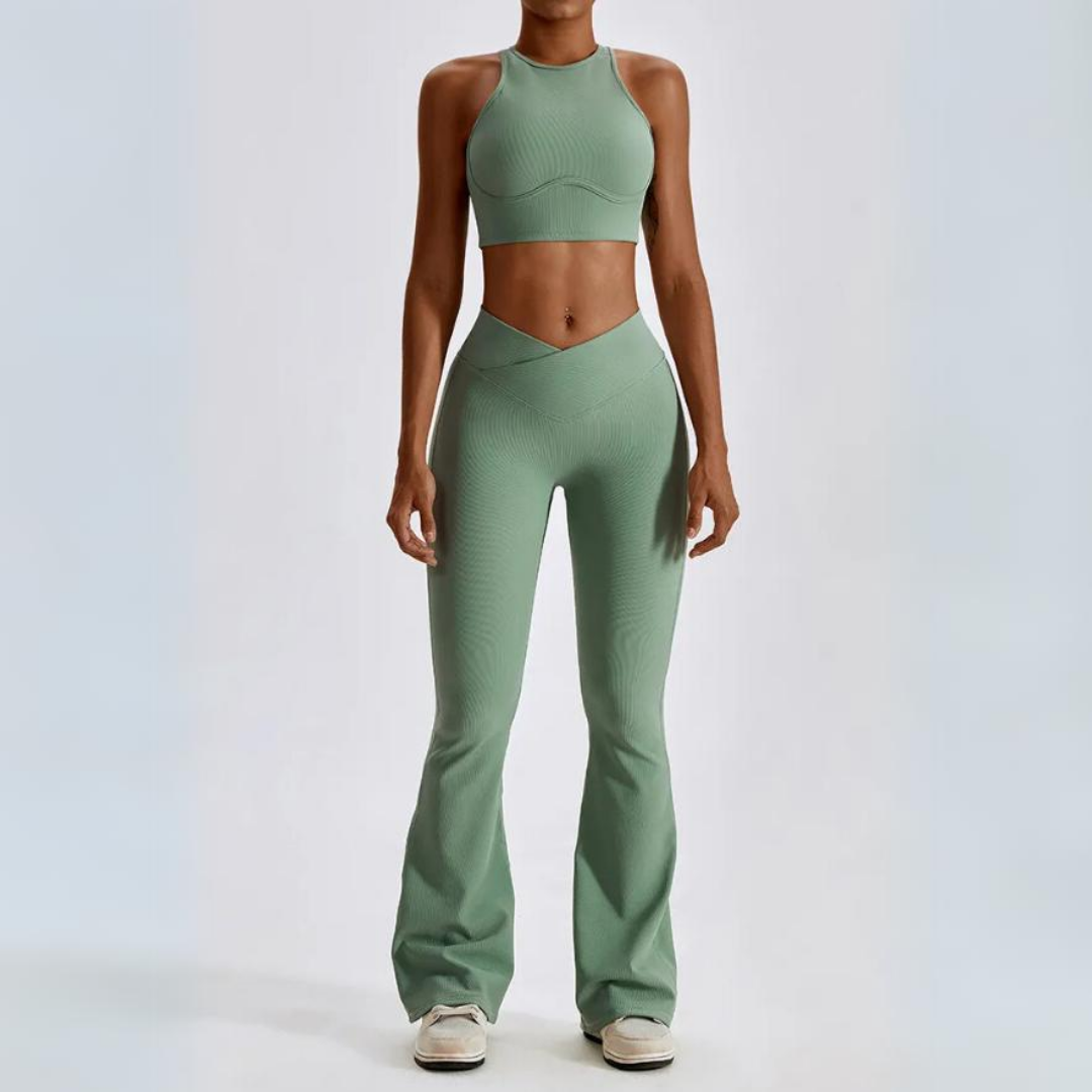 The Camila Set - Elevate your fitness fashion with premium nylon construction, removable pads, high waisted leggings, and a fashionable cross over V-waist for style and comfort.
