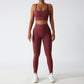 Women's Vitality Set in breathable nylon/spandex blend. Seamless high-waisted leggings for a flattering fit. Strappy sports bra with removable pads. Quick-drying material for comfort during workouts. Stylish and functional – a must-have for any active woman's wardrobe.